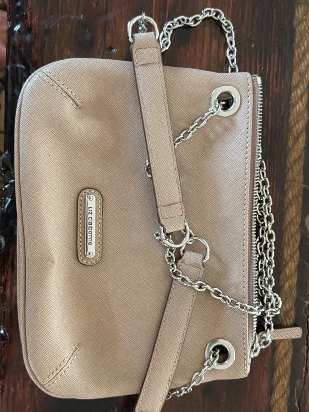 Liz Claiborne Taupe Crossbody Bag with Silver Chain Trim